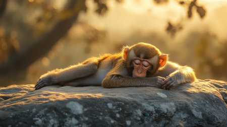 A serene image of a baby monkey peacefully sleeping on a rock during sunset. The warm light enhances the tranquility of the scene, showcasing the beauty of wildlife.の素材