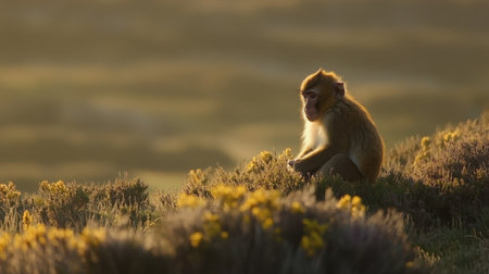 A young monkey sits peacefully in a meadow filled with wildflowers during a stunning sunset, capturing a moment of tranquility in nature.の素材