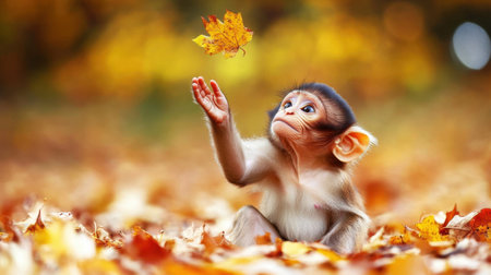 A young monkey sits among fallen leaves, reaching for a bright autumn leaf. This enchanting scene captures the essence of nature's beauty and joy.の素材