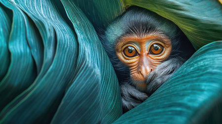 A young monkey peeks out from amidst lush tropical leaves, showcasing its expressive eyes and soft fur in a vibrant and serene rainforest environment.の素材