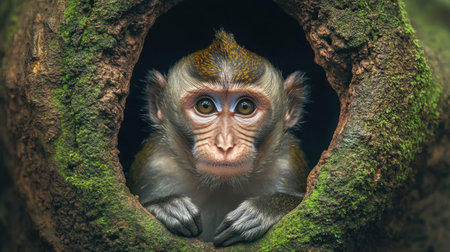 A fascinating close-up image of a curious monkey peering from a hollow tree, set against a backdrop of lush greenery and natural beauty.の素材