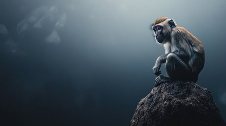 A solitary monkey sits thoughtfully on a rock, surrounded by a soft, misty environment. The image captures the serene moment, showcasing the beauty of wildlife.の素材
