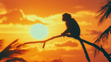 A striking silhouette of a monkey perched on a branch during a vibrant sunset, showcasing nature's beauty and tranquility in a tropical setting.の素材