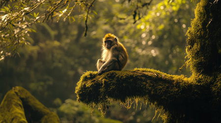 A solitary monkey rests on a moss-covered branch in a vibrant green forest during the enchanting golden hour, capturing the beauty of wildlife.の素材