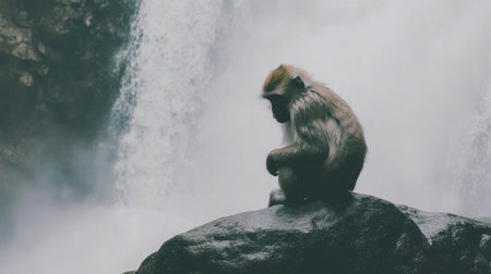 A solitary monkey sits thoughtfully on a smooth rock beside a powerful waterfall, surrounded by mist and lush foliage, capturing a serene moment in nature.の素材