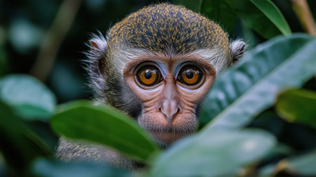 A captivating close-up image features a curious monkey observing its surroundings through dense green foliage, highlighting the beauty of wildlife and nature.の素材