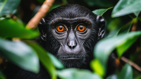 This stunning close-up photograph features a monkey with striking orange eyes peering through lush green leaves, showcasing the beauty of wildlife and nature.の素材
