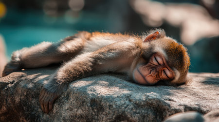 A gentle baby monkey is peacefully sleeping on a warm rock under a soft sunlit glow, showcasing the tranquility of wildlife in its natural habitat.の素材