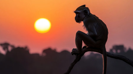 A serene silhouette of a monkey perched on a branch during a stunning sunset. The vibrant colors of the sky create a peaceful atmosphere in nature.の素材