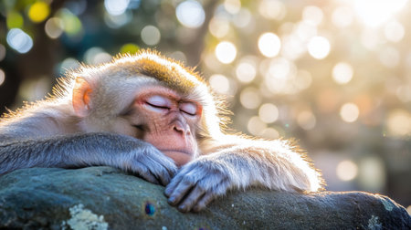A serene image of a monkey resting with eyes closed on a rock, basking in soft sunlight. The bokeh background enhances the tranquil ambiance, capturing a peaceful moment in nature.の素材