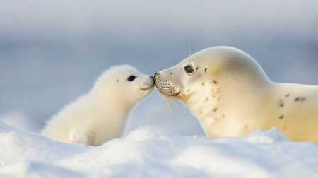 A heartwarming scene of a baby seal and its mother sharing a gentle touch in a snowy arctic setting, showcasing the beauty of wildlife and maternal bonding.の素材
