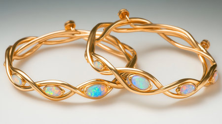 Capture the essence of elegance with these exquisite gold bracelets adorned with stunning opal accents, featuring a unique twisted design perfect for any occasion.の素材