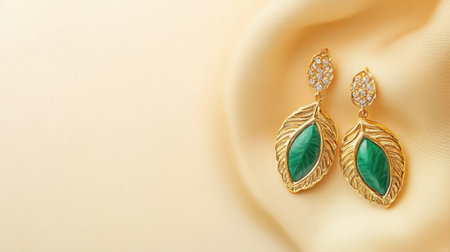 Discover these elegant gold earrings featuring a unique leaf design with vibrant green accents and sparkling gemstones, perfect for any outfit.の素材