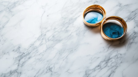 This image features two elegant blue marble rings resting on a white marble background, highlighting modern luxury and stylish design. Perfect for various creative projects.の素材