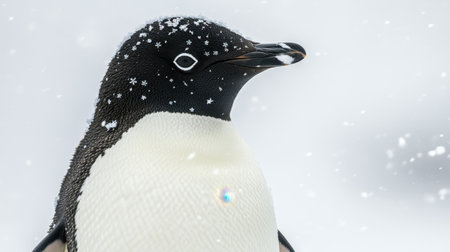 A beautiful close-up of a penguin standing gracefully in a snowy setting, with delicate snowflakes falling around it, capturing the essence of winter wildlife.の素材