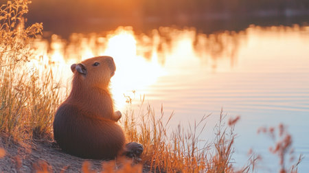 A capybara sits peacefully by the water's edge, bathed in the warm glow of the sunset, surrounded by golden grasses, creating a tranquil scene.の素材