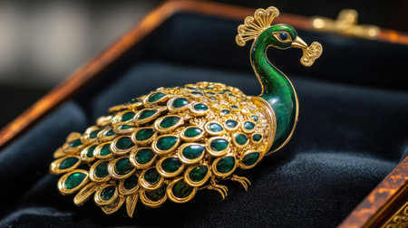 This stunning peacock brooch features a majestic design with vivid emerald stones set in gold. Displayed in an exquisite jewelry box, it epitomizes elegance and craftsmanship.の素材
