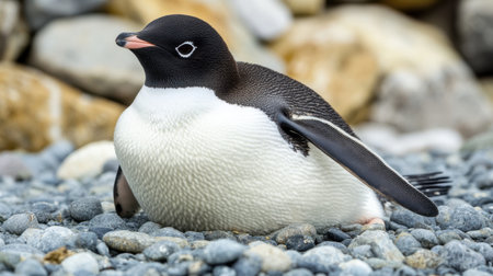 A charming penguin rests on a bed of pebbles, showcasing its soft feathers and unique characteristics. Ideal for wildlife and nature enthusiasts.の素材