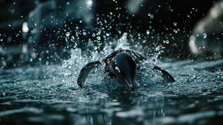A captivating image of a penguin diving into the water, creating a beautiful splash with droplets against a dark backdrop, showcasing wildlife in action.の素材