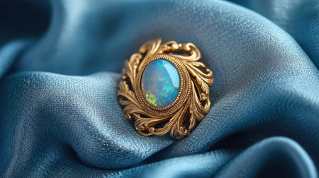 This image features a vintage brooch adorned with a stunning opal gemstone, resting on soft blue satin fabric. The ornate design highlights elegance and craftsmanship.の素材