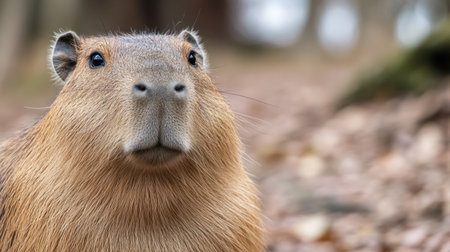 A captivating close-up of a capybara showcasing its soft fur and curious expression amidst a natural habitat, reflecting the beauty of wildlife.の素材