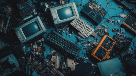 A captivating overhead view of a chaotic arrangement of discarded electronics, showcasing vintage computers, keyboards, and circuit boards on a blue surface.の素材