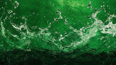 A stunning close-up of water splashing in vivid green hues, illustrating dynamic motion and the captivating beauty of nature in an artistic context.の素材