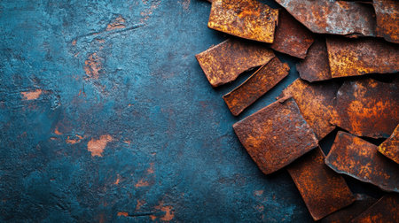 A collection of rusty metal sheets scattered on a textured blue background, creating an industrial feel. Perfect for abstract designs or art projects.の素材
