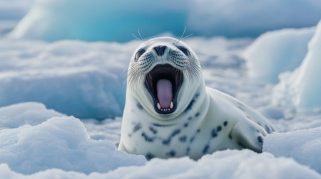 A charming seal yawning while resting on an iceberg amidst a snowy polar landscape. This image captures a moment of nature's beauty, showcasing wildlife in its serene habitat.の素材
