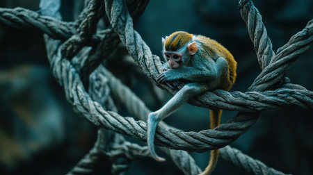 A solitary monkey sits thoughtfully on a twisted rope, surrounded by natural elements, showcasing its calm demeanor in soft, ambient light.の素材