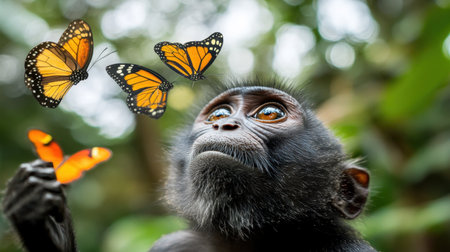 A curious monkey's expression is captured as it gazes at colorful butterflies fluttering nearby in a lush, vibrant jungle setting, showcasing nature's beauty.の素材