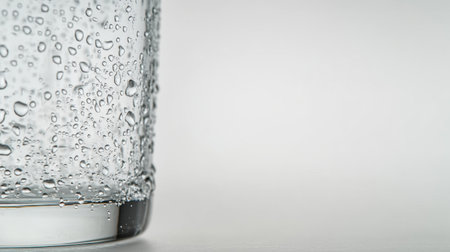 A stunning close-up of a glass featuring droplets of water on its surface, set against a soft white background, evoking freshness and purity.の素材