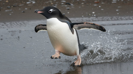 A joyful penguin dashes across wet sand, creating splashes of water as it runs along the shoreline. This lively moment captures the essence of wildlife.の素材
