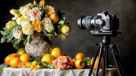 A captivating still life featuring a vibrant floral arrangement in a vase alongside fresh oranges and a professional camera on a tripod, showcasing artistry.の素材
