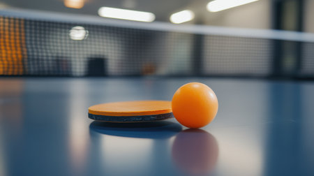 This captivating image features a close-up view of a vibrant orange table tennis ball and paddle resting on a smooth, reflective surface, ideal for sports-themed content.の素材