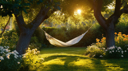 A serene hammock suspended between two trees in a vibrant garden, bathed in golden sunlight, creates a perfect space for relaxation and reflection.の素材