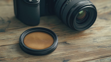 A detailed close-up image showcasing a camera lens and filter placed on a rustic wooden surface, perfect for photography enthusiasts and artists looking for inspiration.の素材