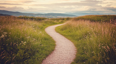 Experience a peaceful journey along a winding path through vibrant greenery under a soft, cloudy sky. Ideal for nature lovers and travel enthusiasts.の素材