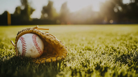 A serene image capturing a baseball nestled in a leather glove on vibrant green grass, illuminated by warm sunset light, perfect for sports themes.の素材