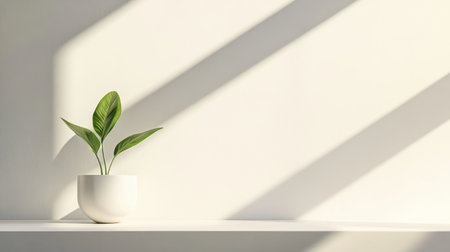 This image showcases a minimalist indoor plant in a white pot, beautifully illuminated by natural light, casting soft shadows on a clean wall shelf, evoking tranquility.の素材