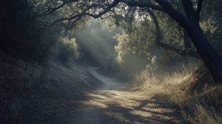 A tranquil nature trail illuminated by soft sunlight through lush trees creates a serene atmosphere ideal for relaxation and exploration.の素材