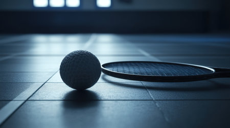 A captivating close-up view of a sports ball and racket resting on a hard court floor. The dim lighting creates a dramatic atmosphere perfect for capturing the essence of athleticism.の素材