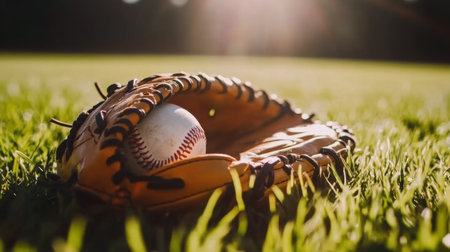 A warm and inviting scene of a baseball glove with a ball nestled inside it, resting on lush green grass during a tranquil sunset. Perfect for sports themes.の素材