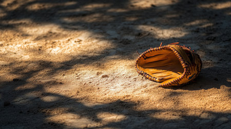An artistic capture of a vintage baseball glove resting on sunlit sand, surrounded by gentle shadows, evoking nostalgia for childhood games.の素材