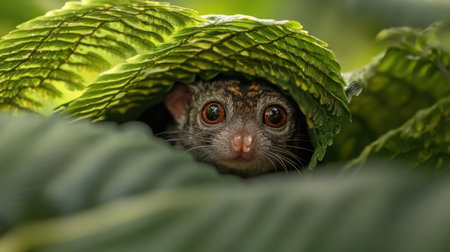 This captivating image features a curious green monkey peeking out from beneath large leaves in a lush forest, showcasing its striking features and vibrant surroundings.の素材