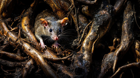 A small mouse cautiously peeks through a network of tangled roots in a dark forest setting, capturing the essence of wildlife in its natural habitat.の素材