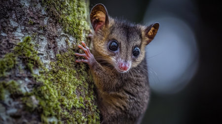 A charming small marsupial clings to a tree trunk, surrounded by lush moss and a softly blurred forest background, illustrating the beauty of wildlife.の素材