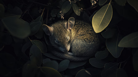 A small rodent finds comfort and tranquility among lush green leaves, emphasizing the beauty of wildlife in a natural setting, perfect for nature enthusiasts.の素材