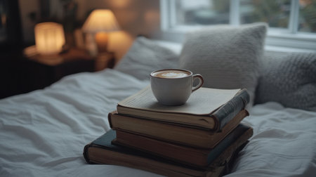 A cozy bedroom scene featuring a stack of books topped with a warm cup of coffee, bathed in soft light for a tranquil and inviting atmosphere.の素材
