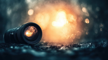 Close-up view of a camera lens set against a blurred bokeh background, showcasing vibrant light effects to inspire photographers and creatives alike.の素材